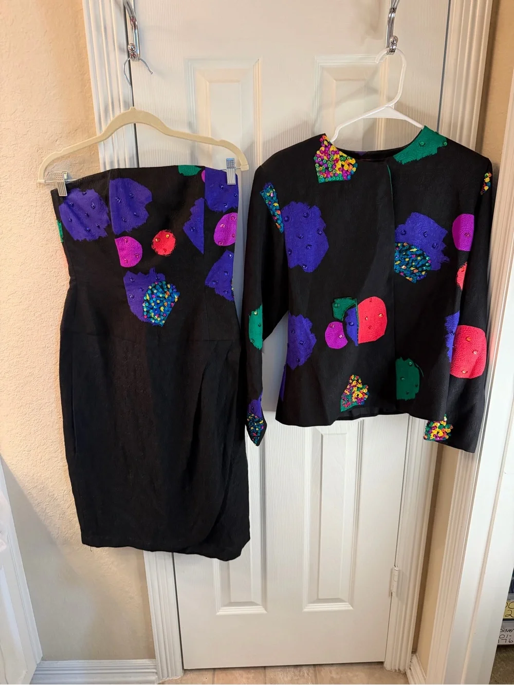 Black Dress and Jacket Set with Multicolor Abstract Accents